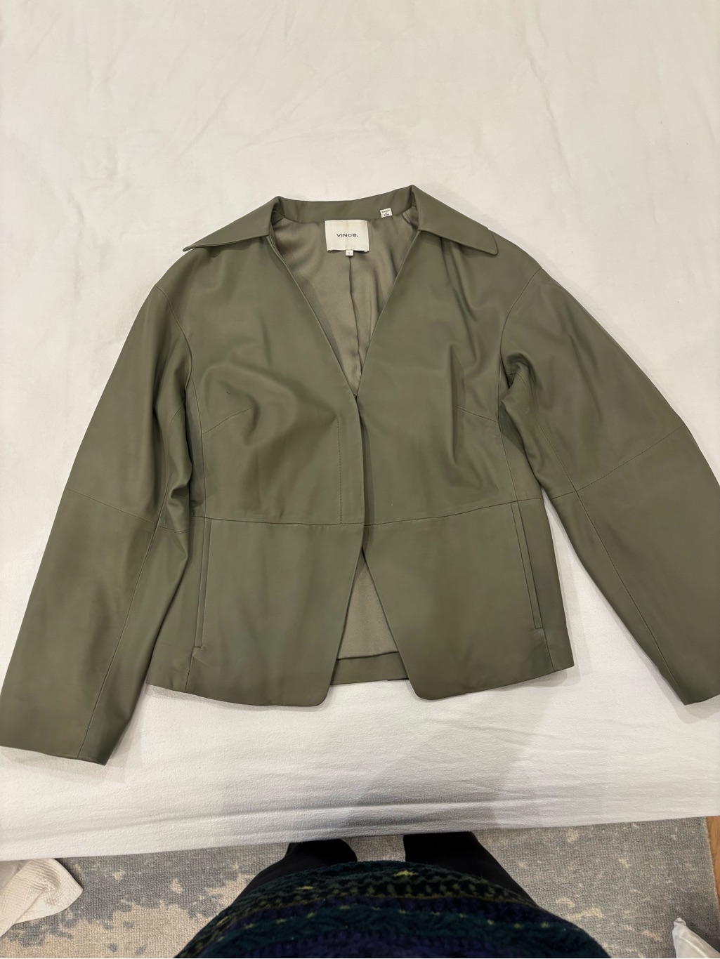 Vince Olive Green Leather Open-Front Blazer